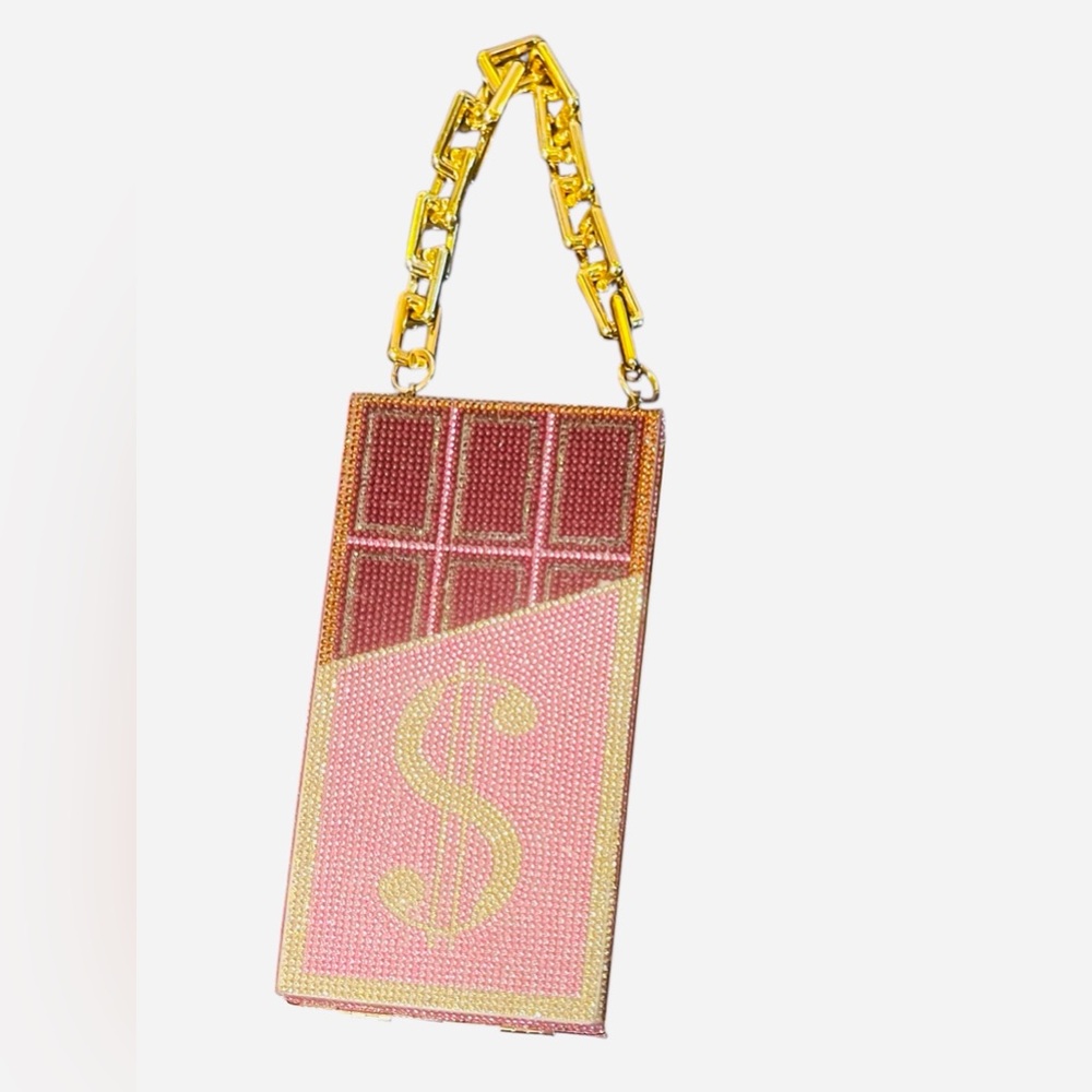 Gold  Chocolate Bar Money Sign Bling Rhinestone Clutch Bag Luxury - Picture 5 of 5